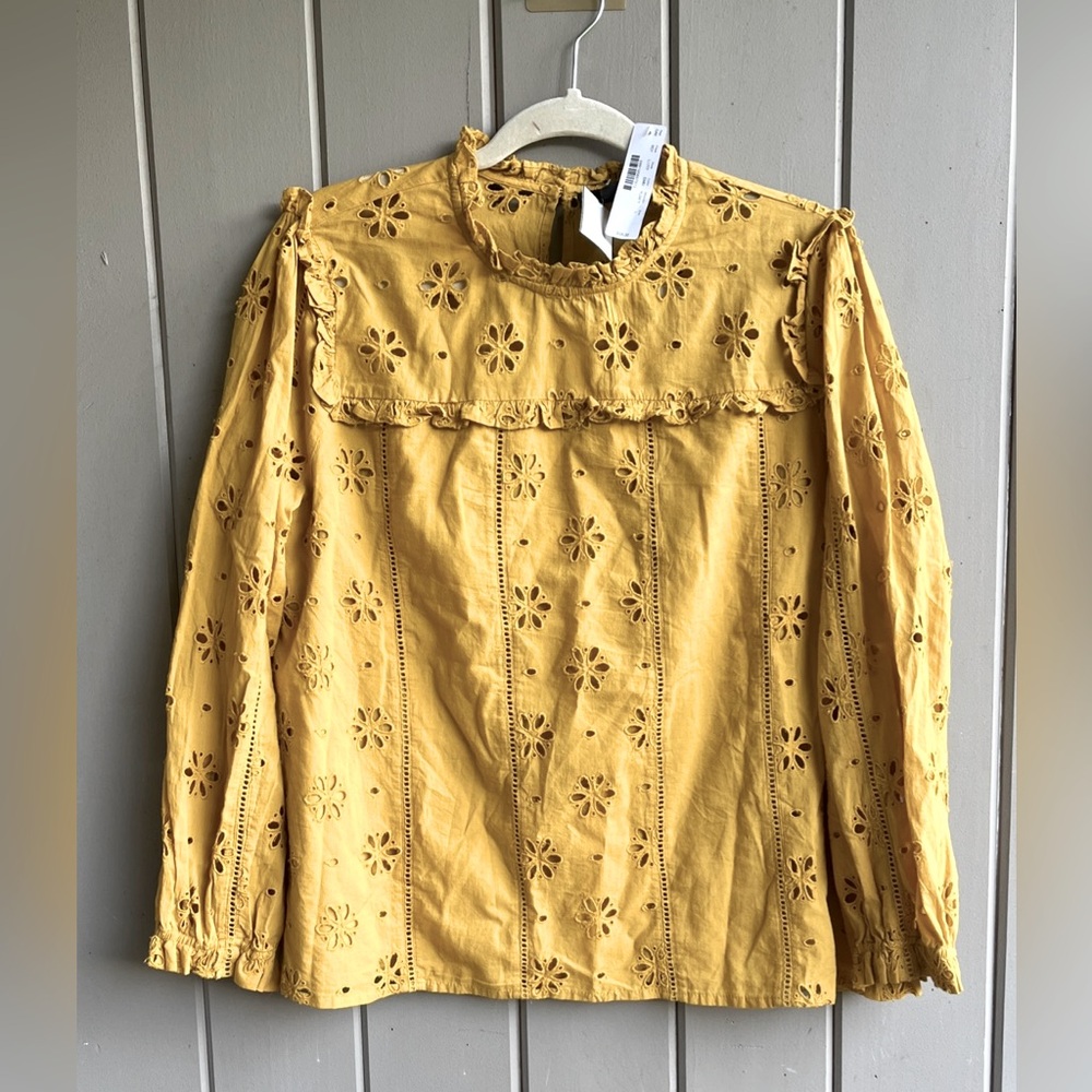 J Crew Women's L Eyelet Yoke Top Blouse Cottagecore Peasant NWT
